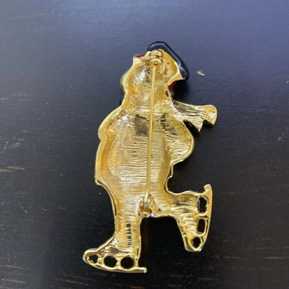 Skating Snowman Brooch Unsigned